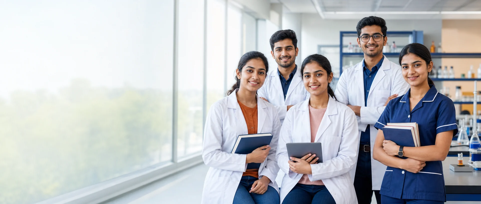Pharmacy and nursing students in a modern college laboratory